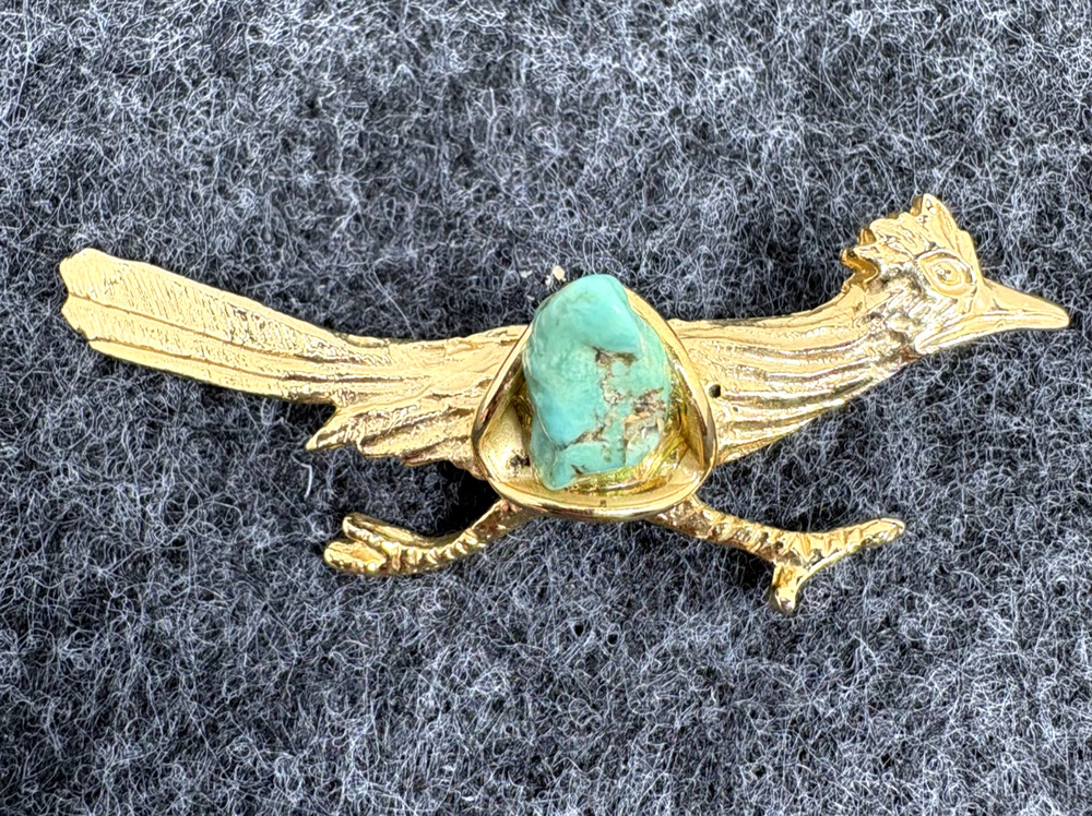 Vintage Mid-Century Gold Tone Roadrunner Brooch Pin Genuine Turquoise Nugget